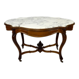 Table violon Napoléon III en noyer et marbre blanc, circa 1880