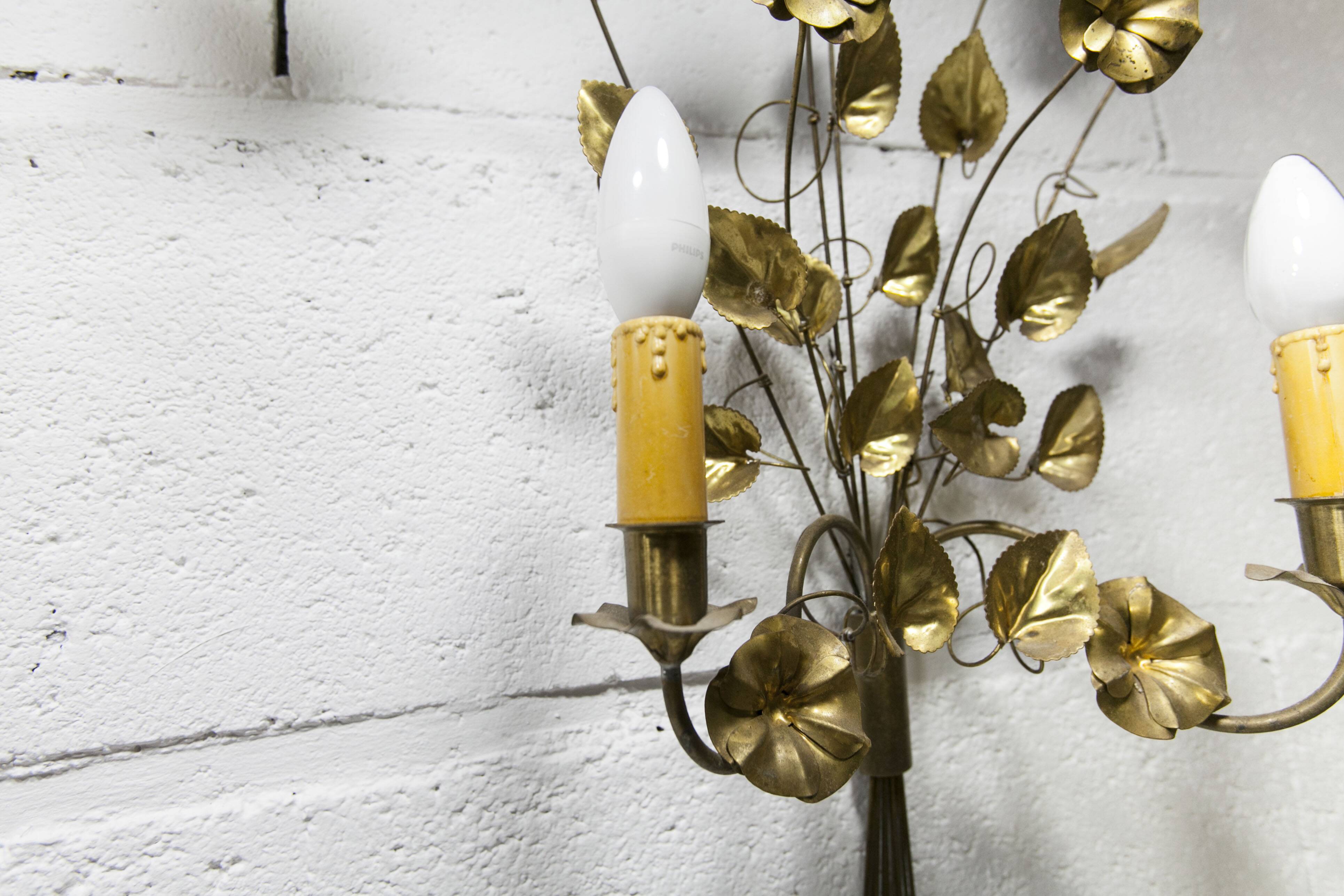 Pair of double flower bouquet sconces in brass 1960