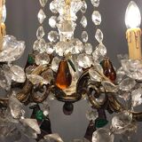 Lustre en bronze doré, pendeloques cristal et pampilles de verre coloré en forme de fruits, fin XIXe