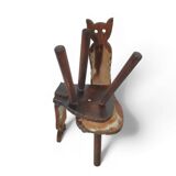 Chaises tripodes brutalistes en cuir de vache pour chat / étiquetées fabriquées en Espagne, dossier pliable, années 1960