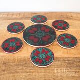 Vintage Jersey Pottery Coaster Set, 1970s Ceramics, Red & Aqua Blue Pattern