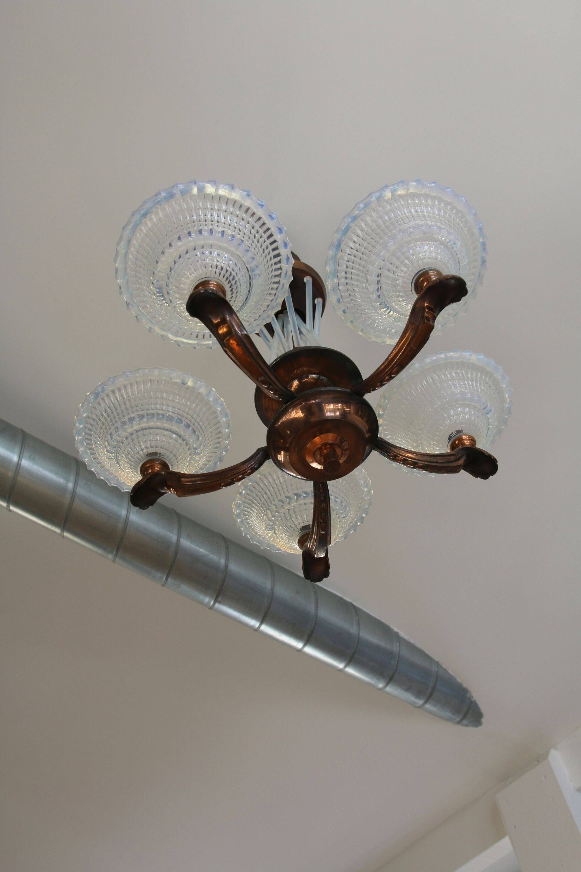 Art Deco lustre, opalescent glass, Ezan & Petitot, signed.