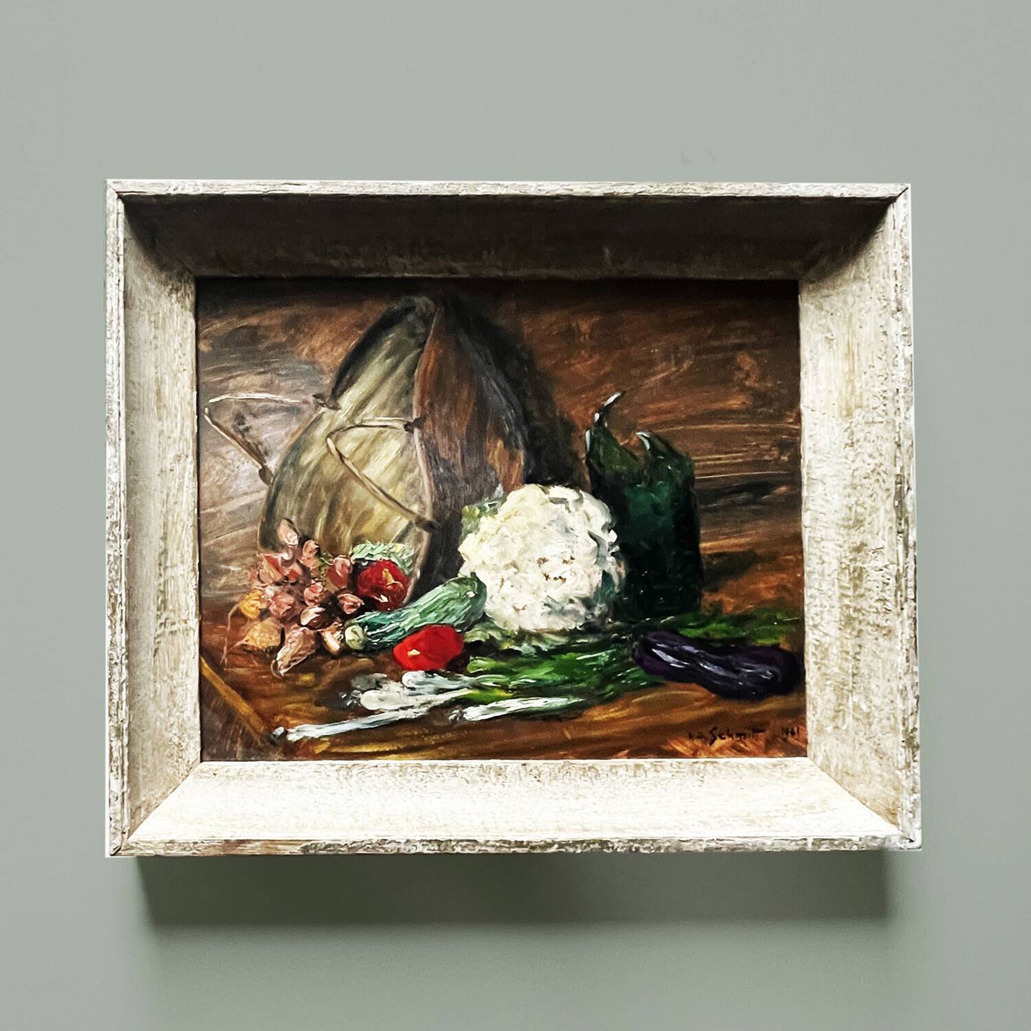 Tableau 1961 "Légumes et litre cassé "signé HG.Schmitt
