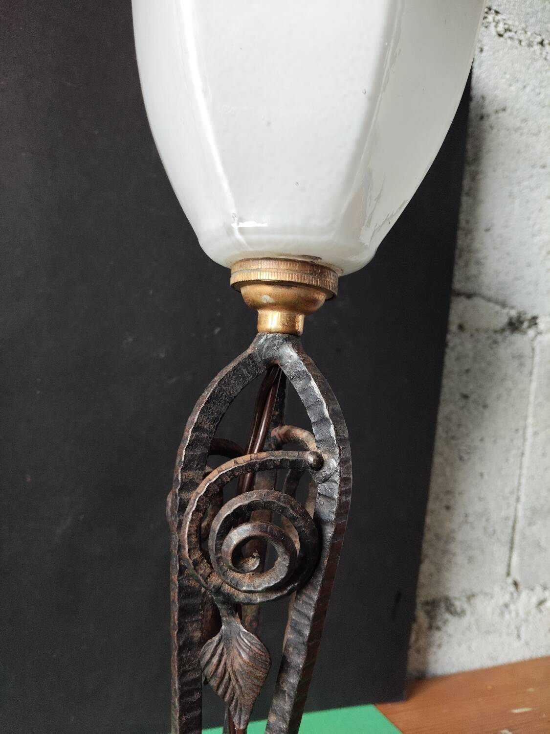 Hammered wrought iron lamp with white opaline Handmade craftsmanship