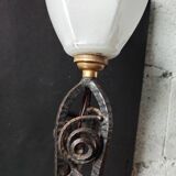 Hammered wrought iron lamp with white opaline Handmade craftsmanship