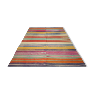 Vintage Kilim Rug 9.2x5.9 feet 282x180 cm Striped Turkish Rug Livingroom Accent Boho Flat Woven Rug