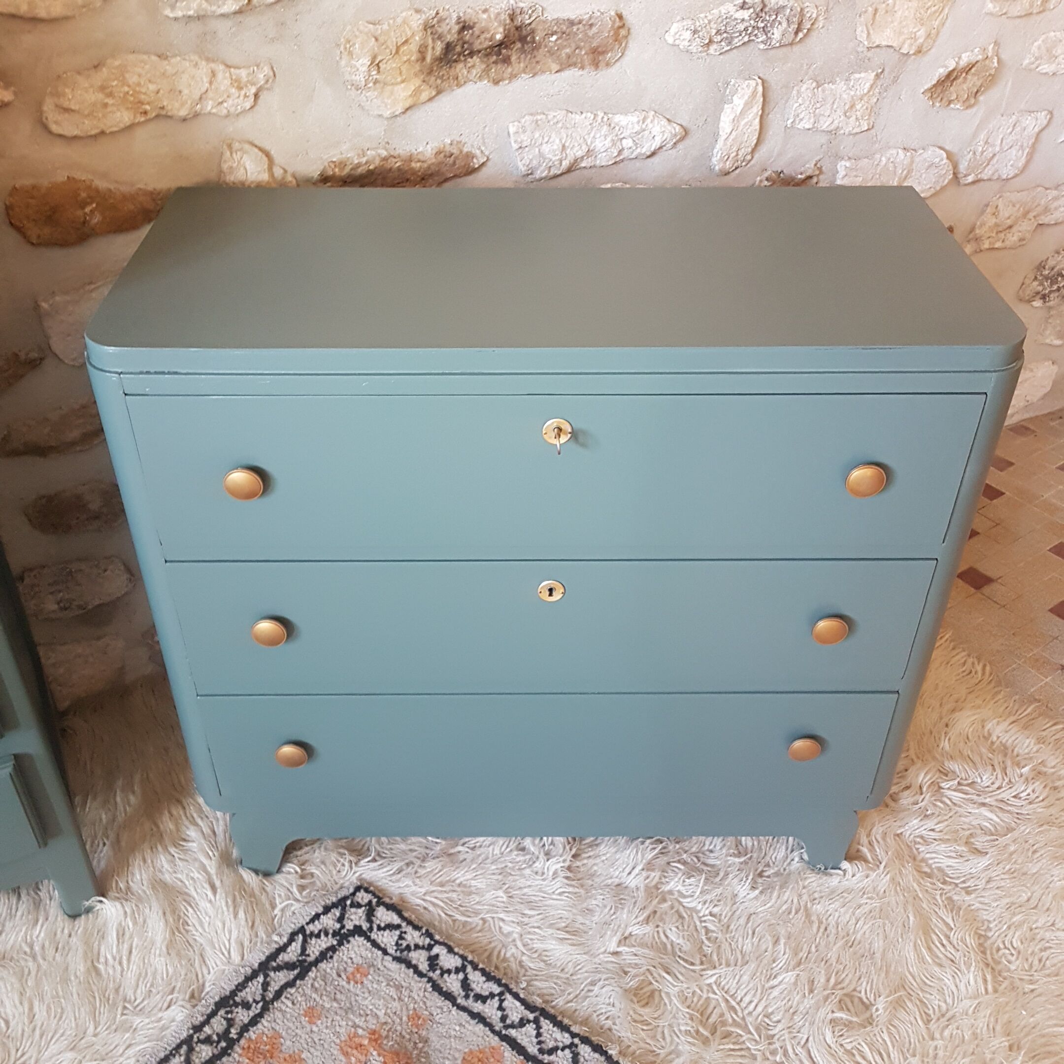 Commode art déco vert bleu poignées patinÉes
