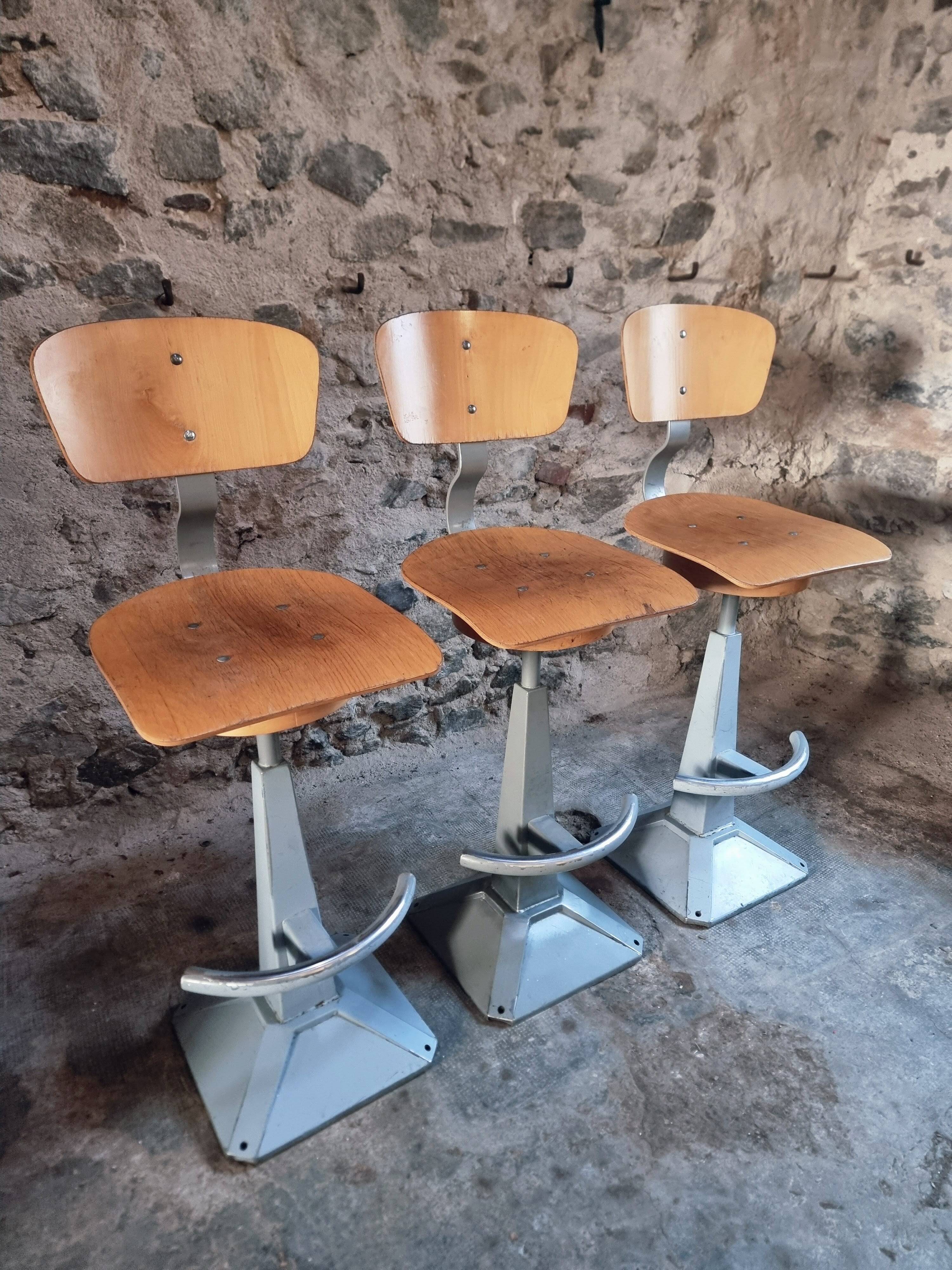 Set of 3 industrial swivel workshop chairs – fixed height bar stools – mid-century factory seats