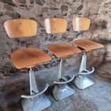 Set of 3 industrial swivel workshop chairs – fixed height bar stools – mid-century factory seats