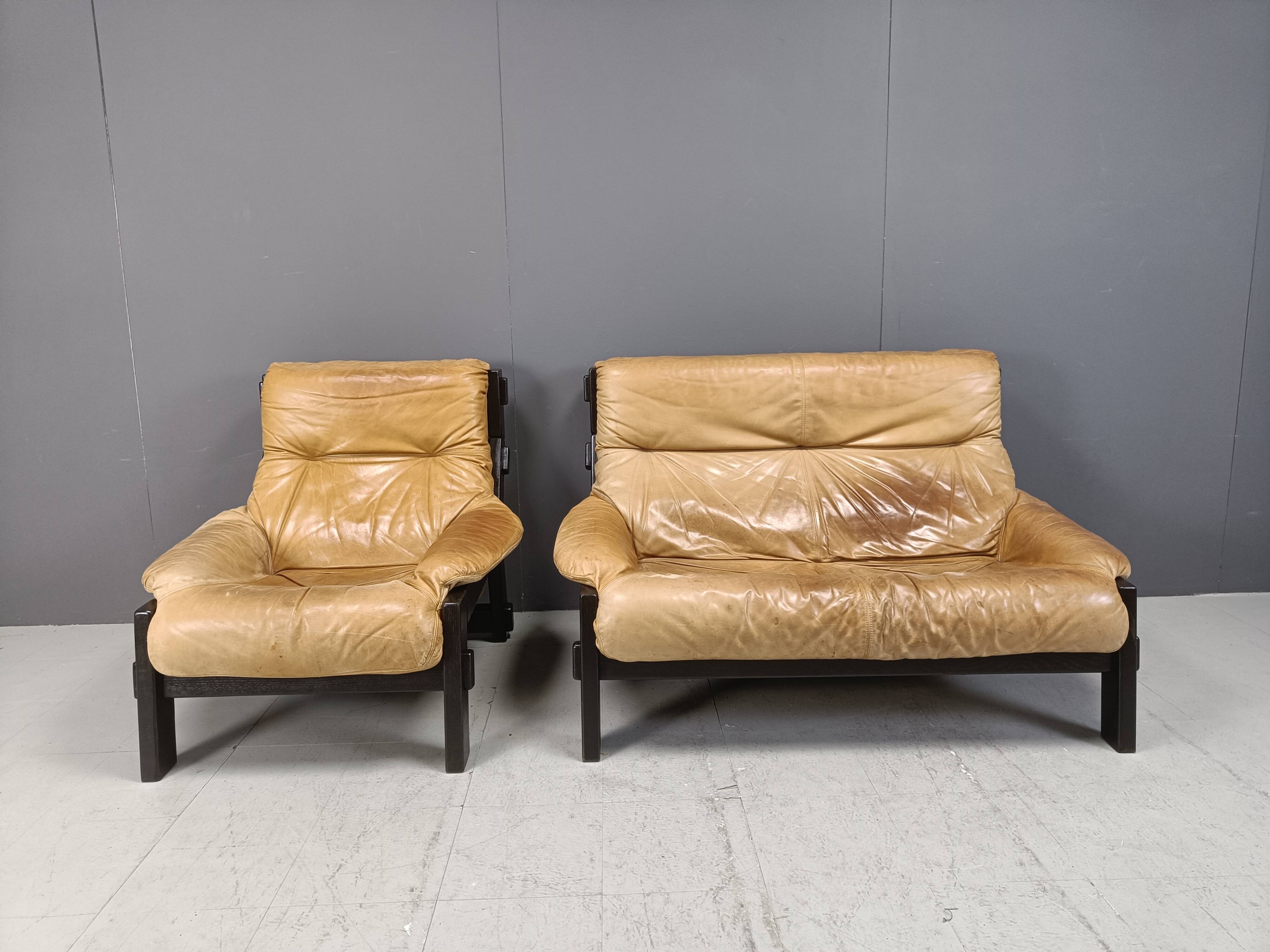Vintage brown leather sofa set, 1960s