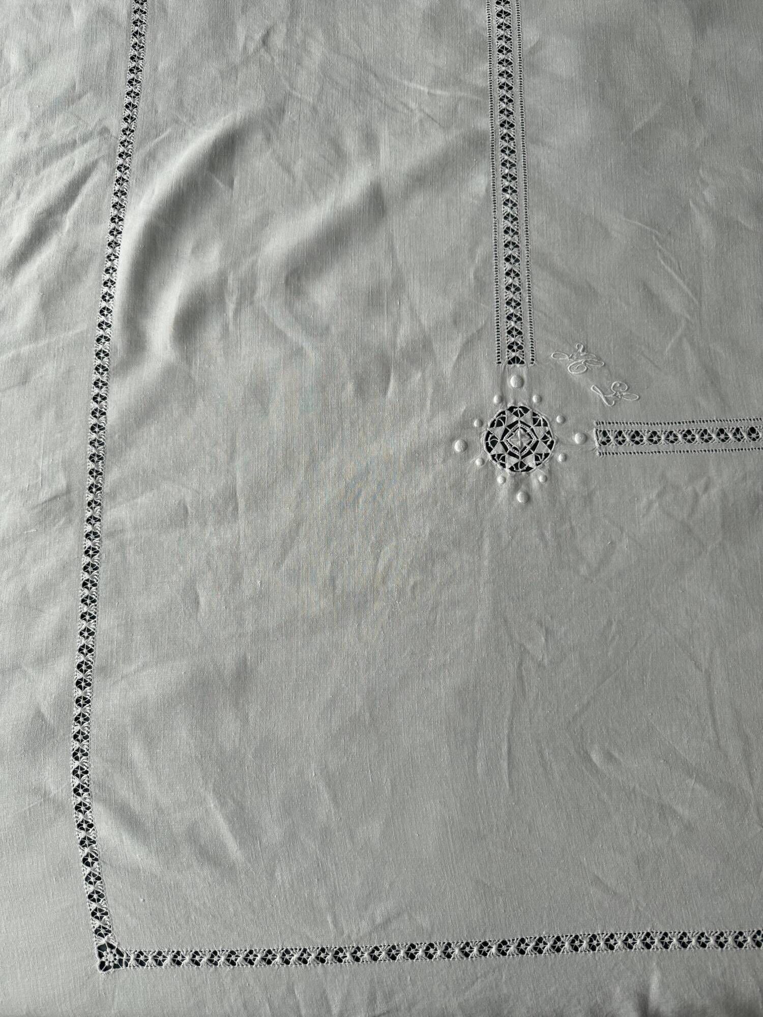 Large antique linen and cotton tablecloth 230x154.