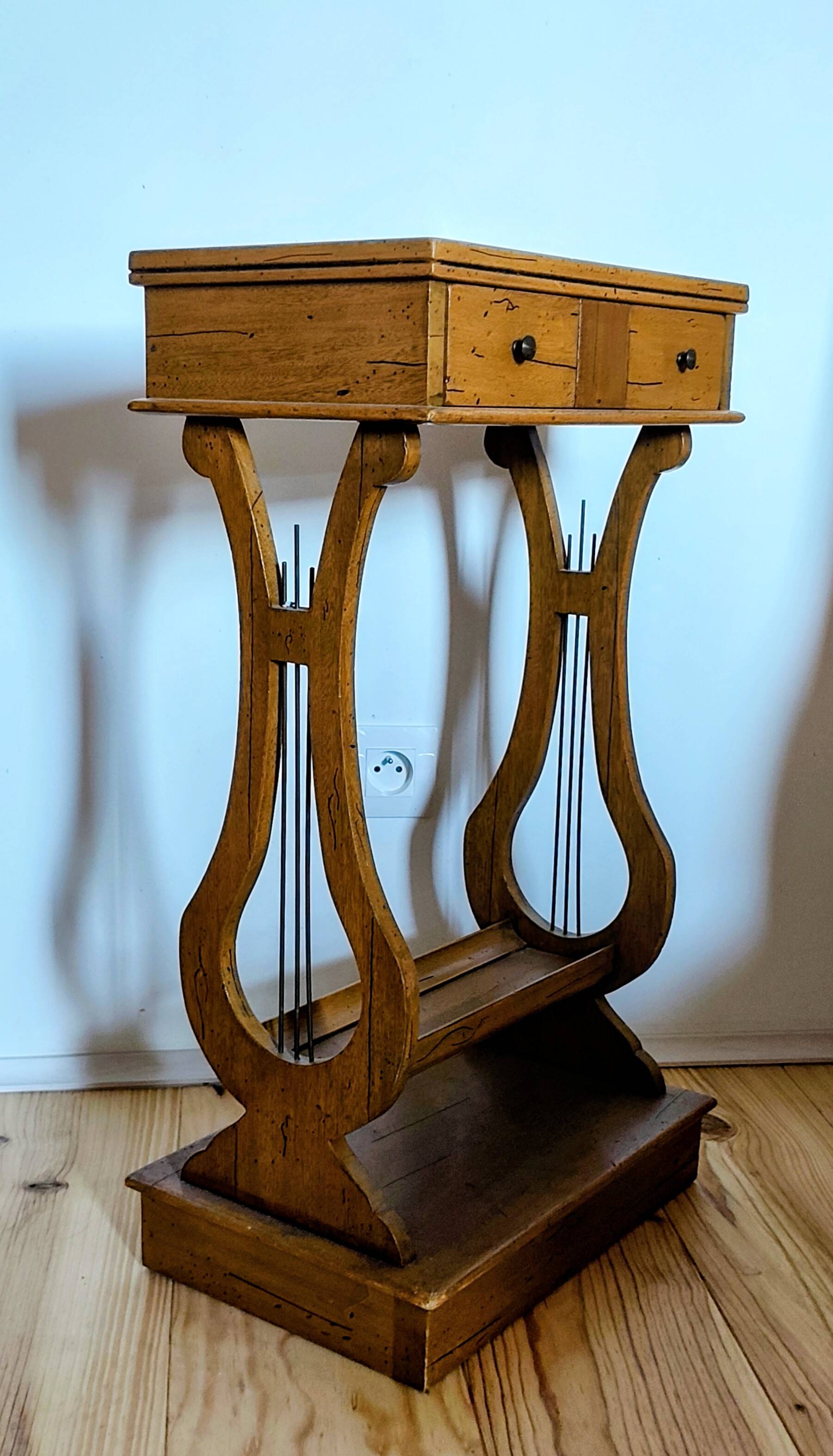 Lyre bedside table, cherry wood, 1960s.
