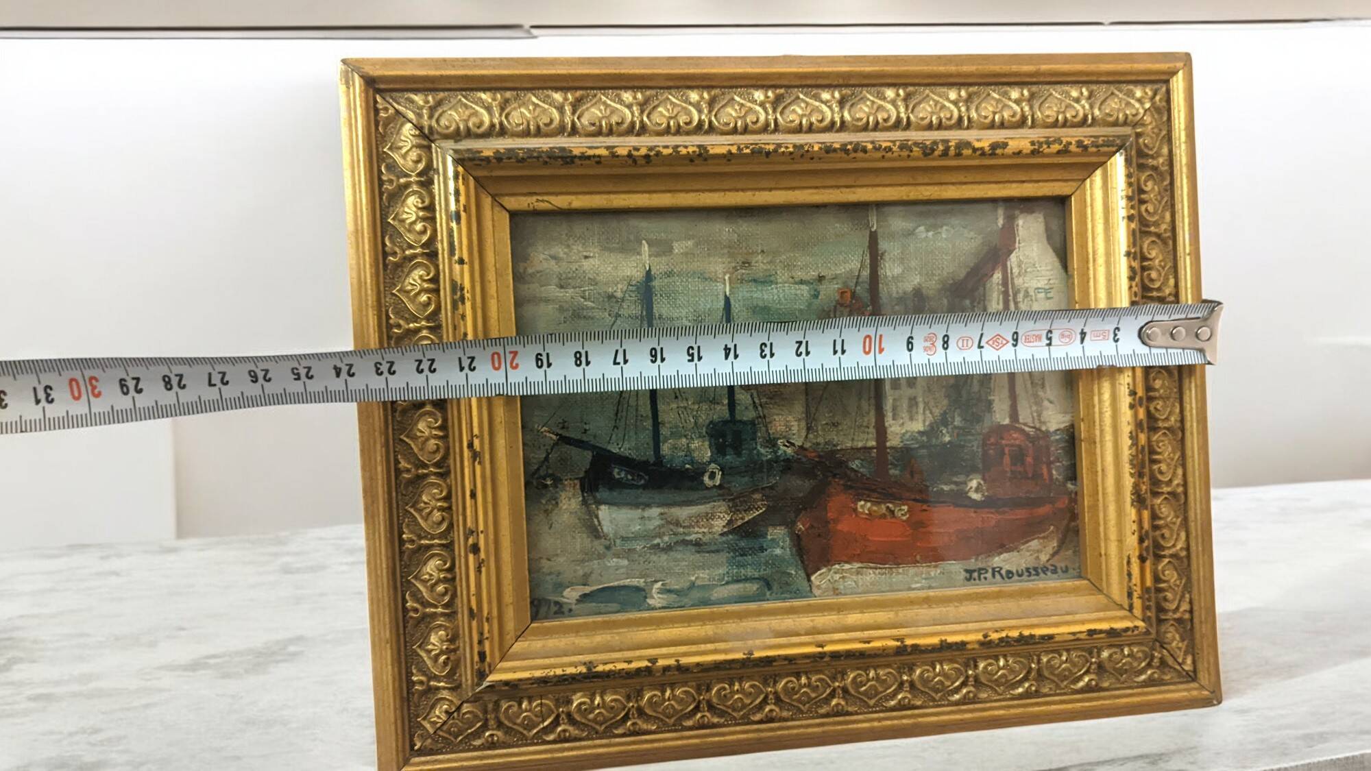 small marine oil painting boats blue red tones Jp Rousseau certificate gold frame