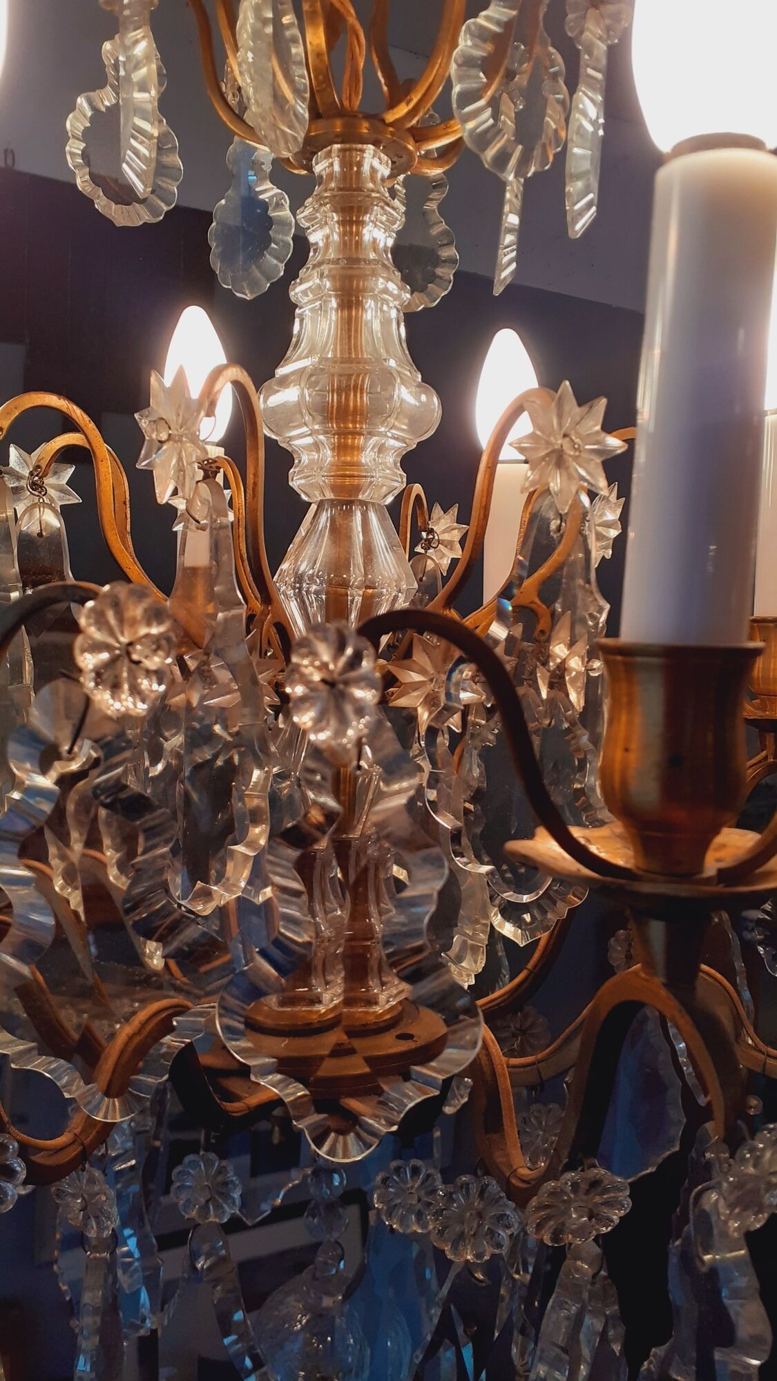 Chandelier cage with grapevines 8 lights Louis XV style in bronze and crystal around 1900