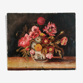 Tableau ancien "fleurs dans un vase de chine"