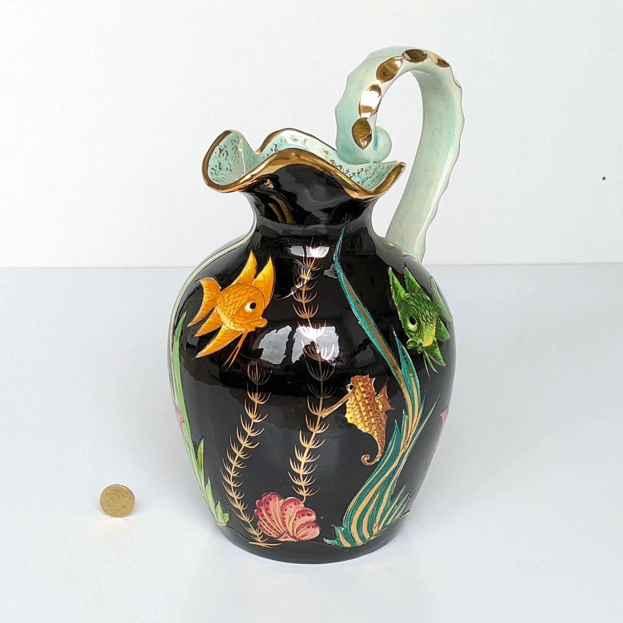 Large pitcher / Monaco vase in polychrome earthenware with bas relief decoration of fish on a seabed