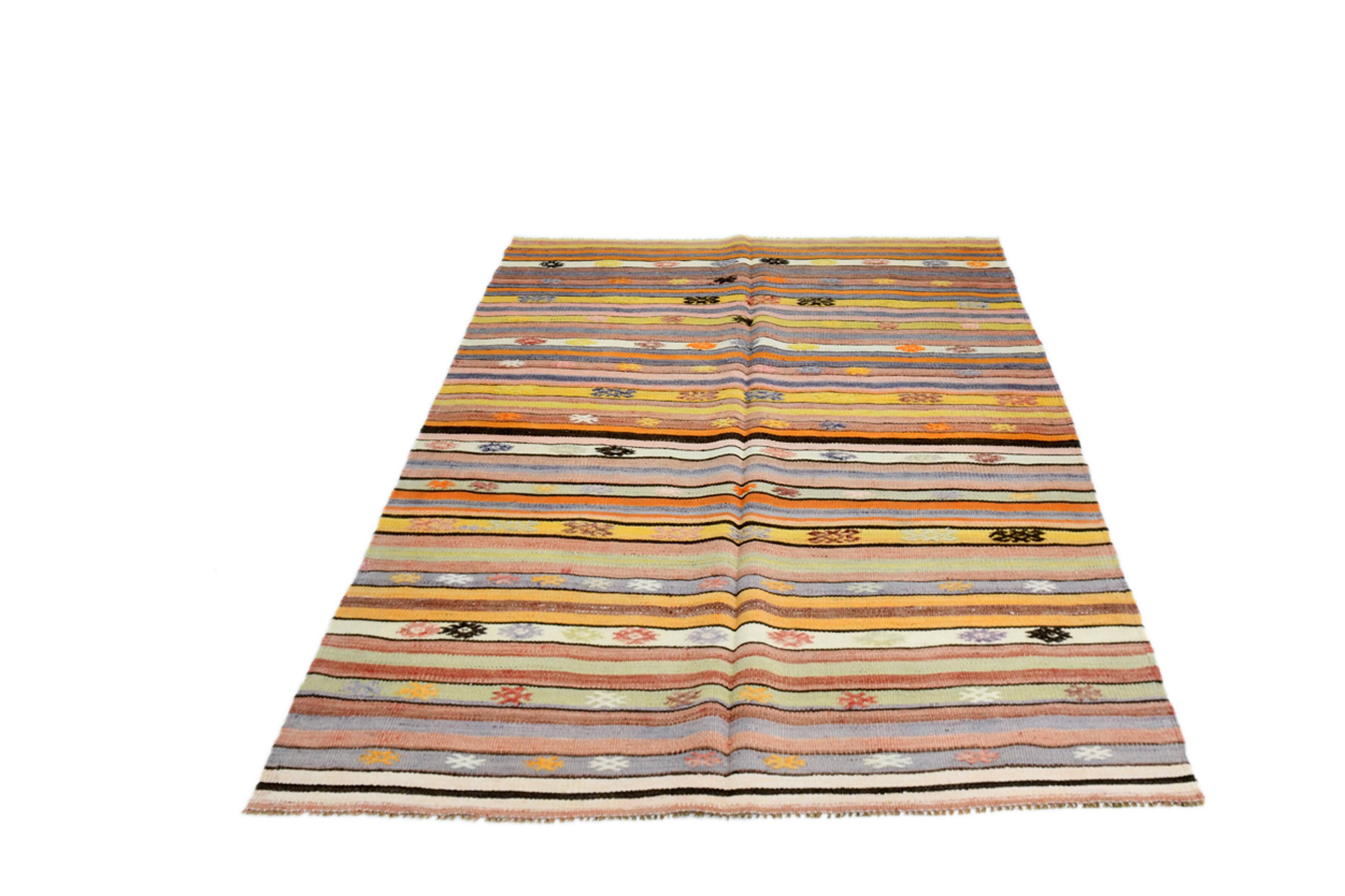 Kilim Vintage Anatolien Rayé – Tons Pastel Multicolores, Style Bohème