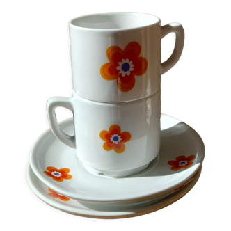 2 mugs and saucers in porcelain Colombia Vintage 1970s