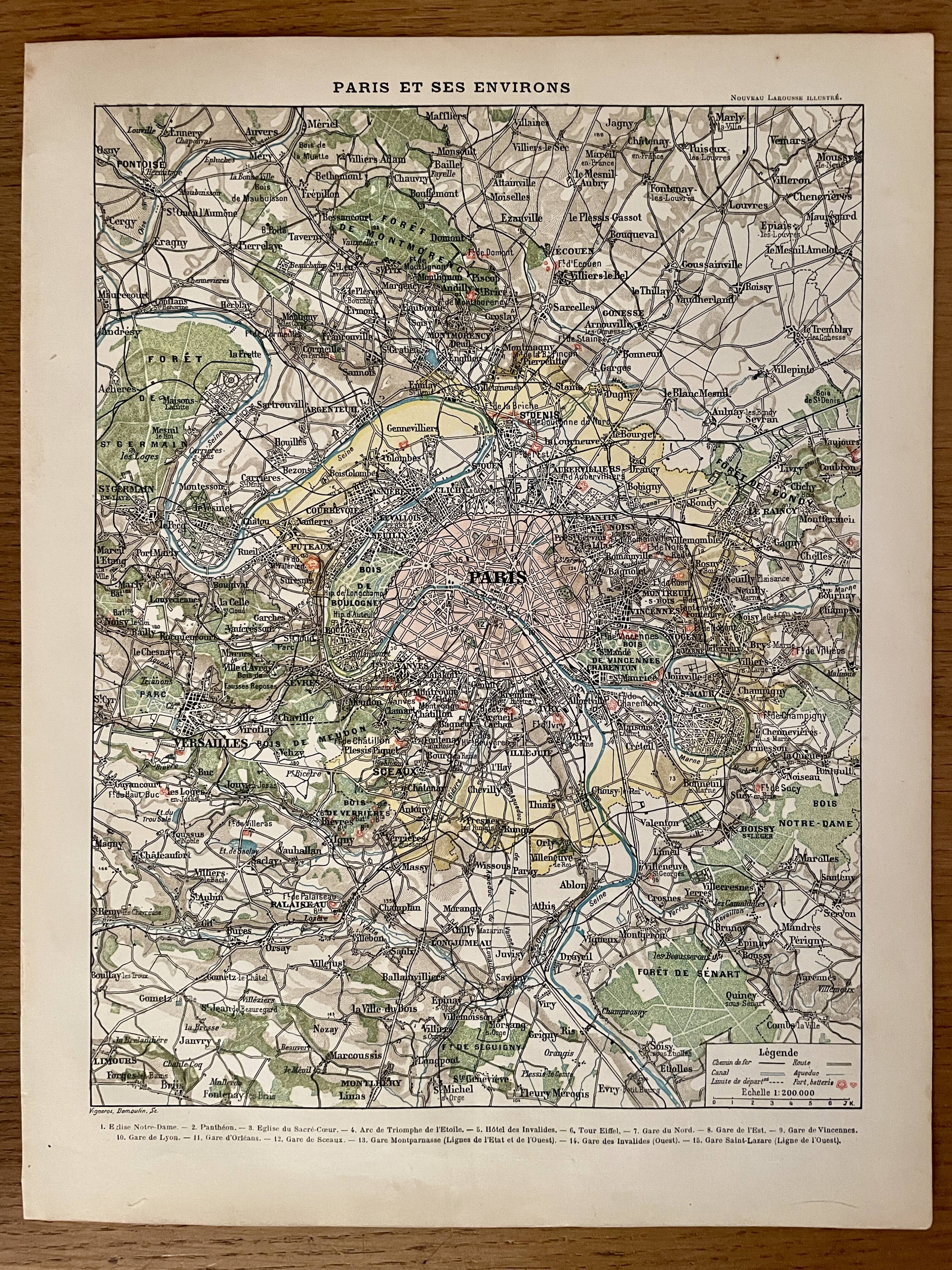 Lithograph map of Paris and its suburbs - 1900
