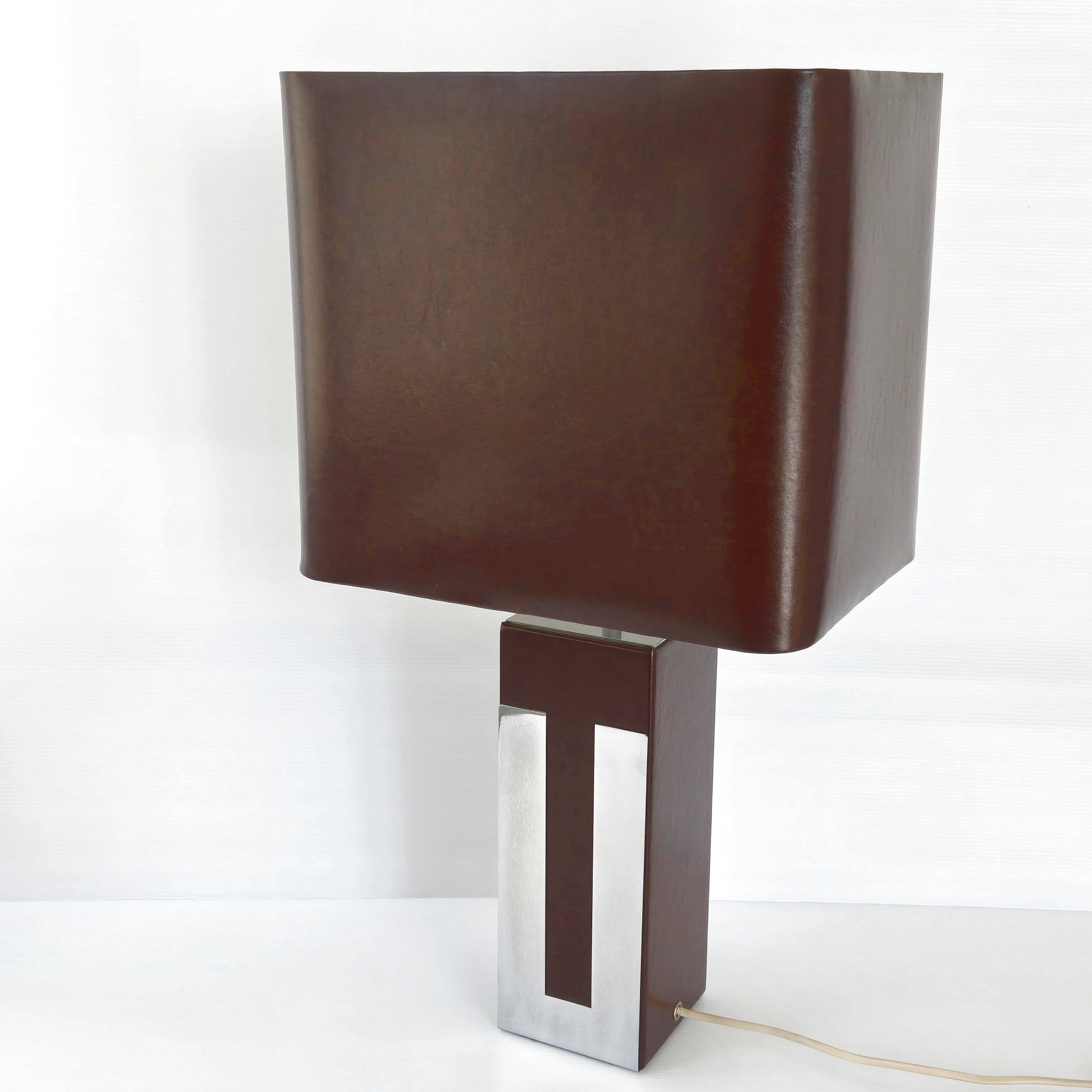 Lampe en métal chromé et simili-cuir marron, 1970