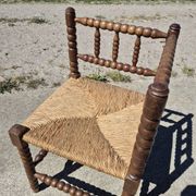 Vintage Dutch rustic corner chair bobbin turned oak with rush seating