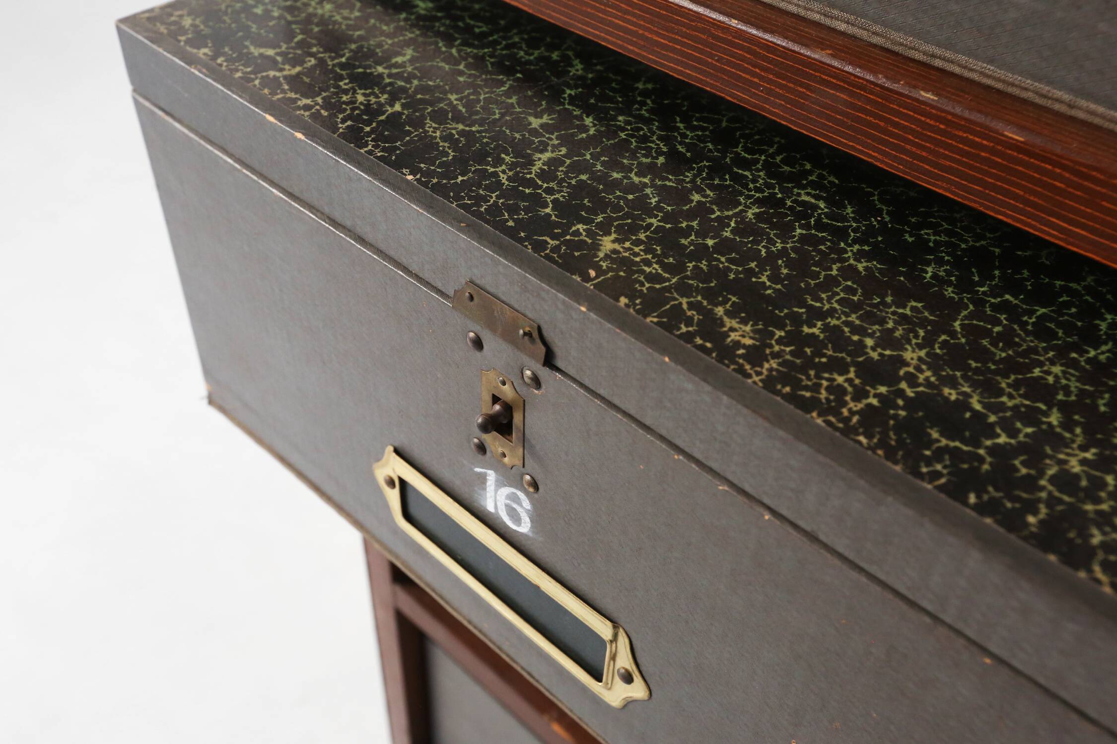 Industrial filing cabinet in wood with 30 original cardboard storage boxes, Belgium, 1920s