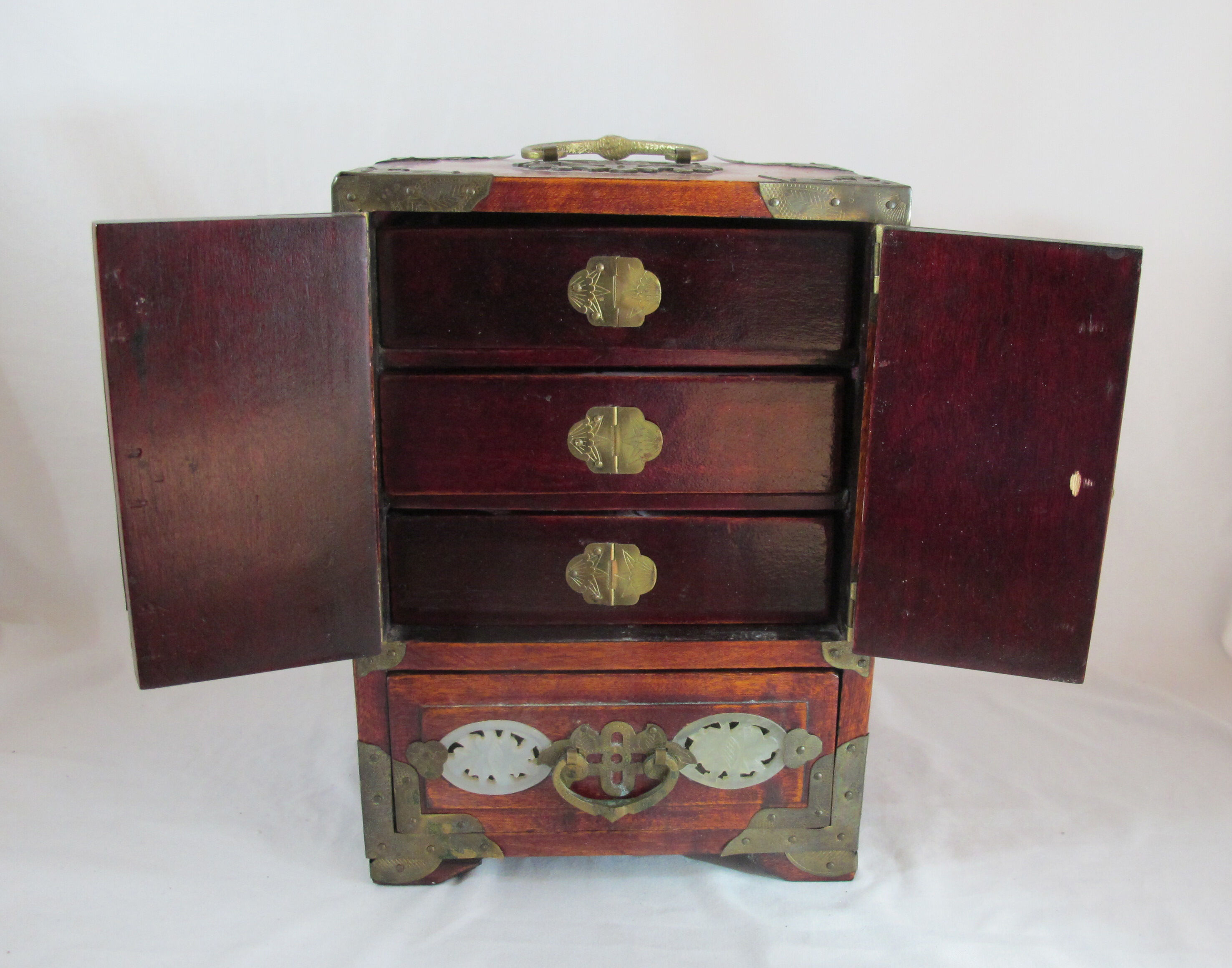 Chinese wooden jewelry box adorned with jade plates