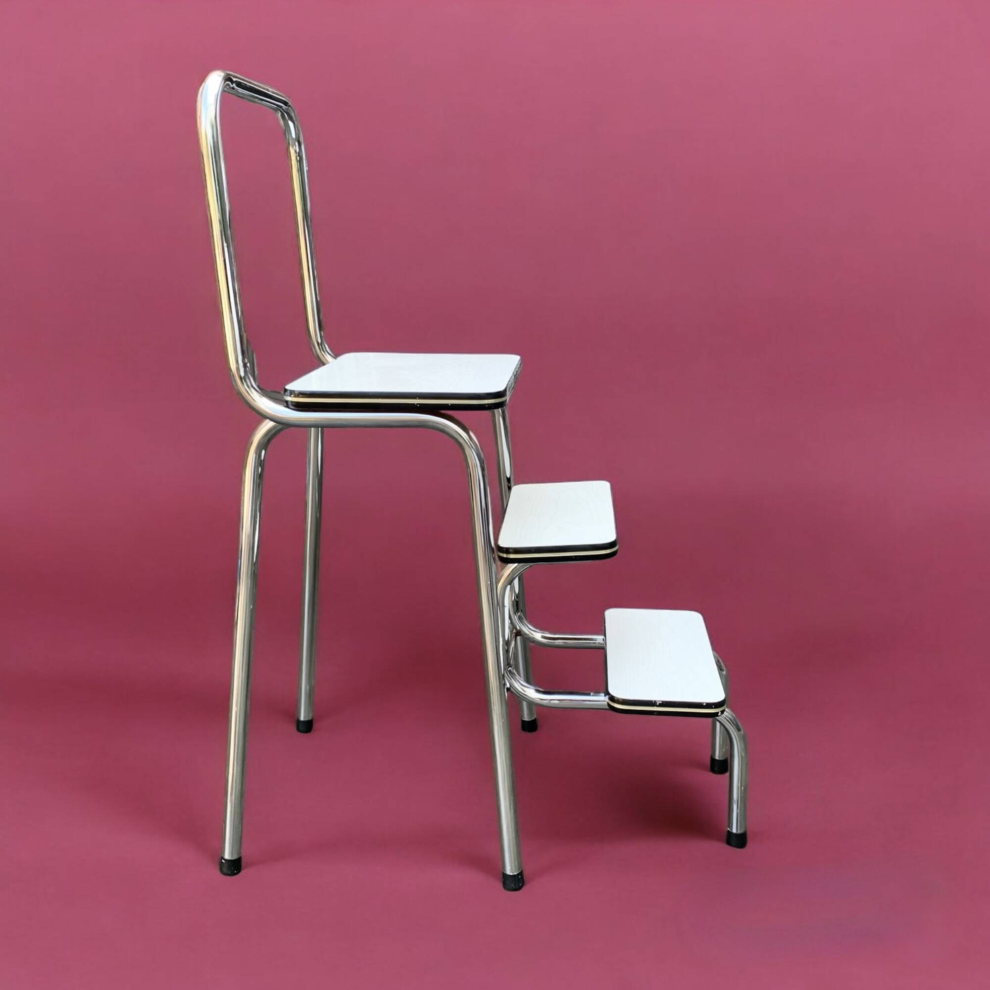 Vintage stepladder in Formica, wood and chromed metal