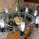 Large and large chandelier in wrought iron and glass circa 1980/90