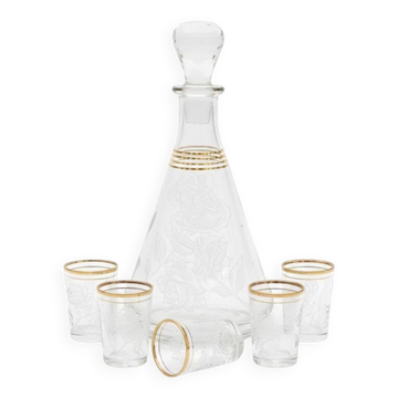 A French liqueur decanter from the 1950s and five glasses