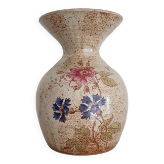 Vase ancien en grès fleurs peintes- Poterie ancienne