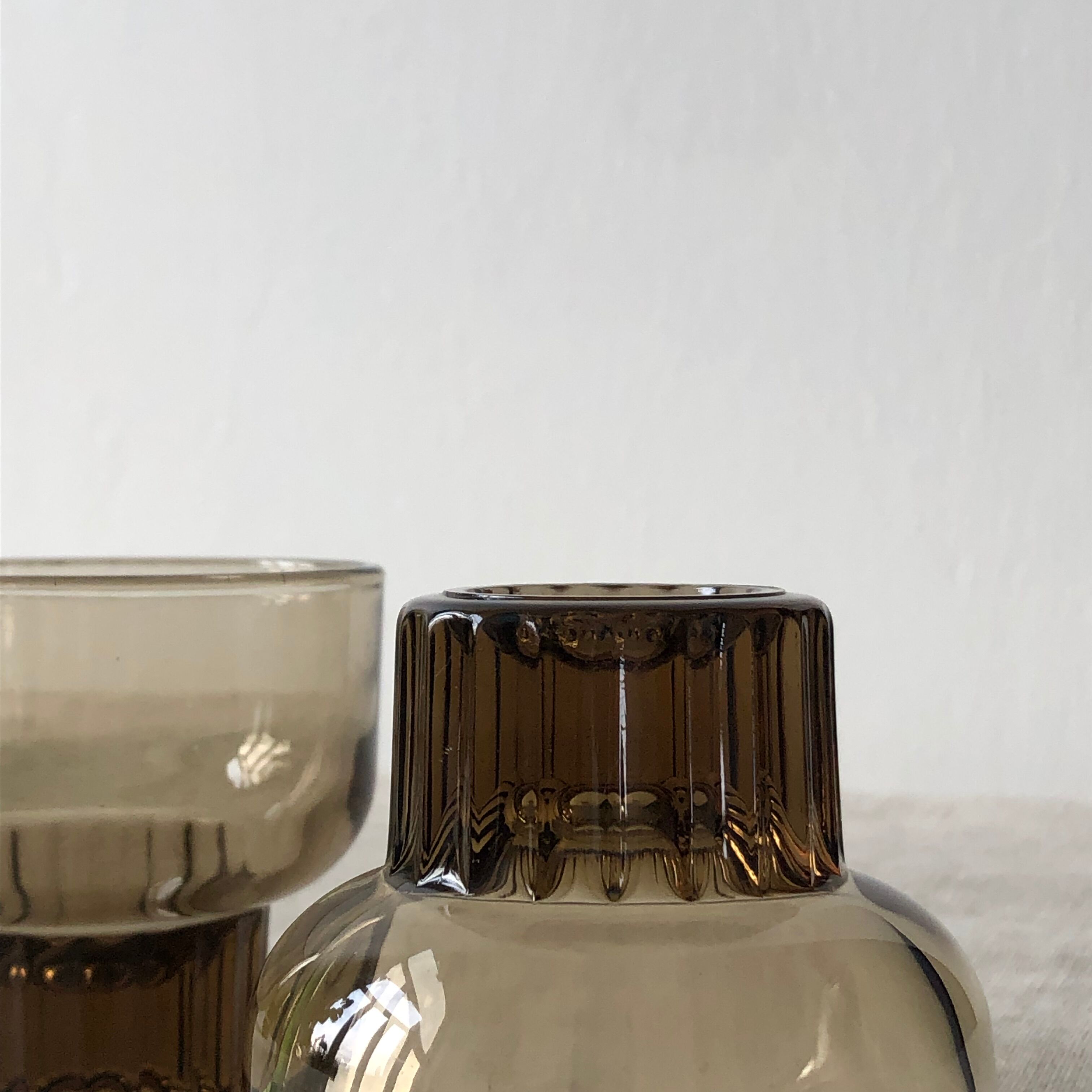 Shooters, translucent brown smoked and green shot glasses, ribbed foot