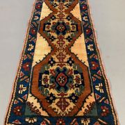 Vintage turkish runner 170x68 cm kazak rug, terracotta red, green, beige blue