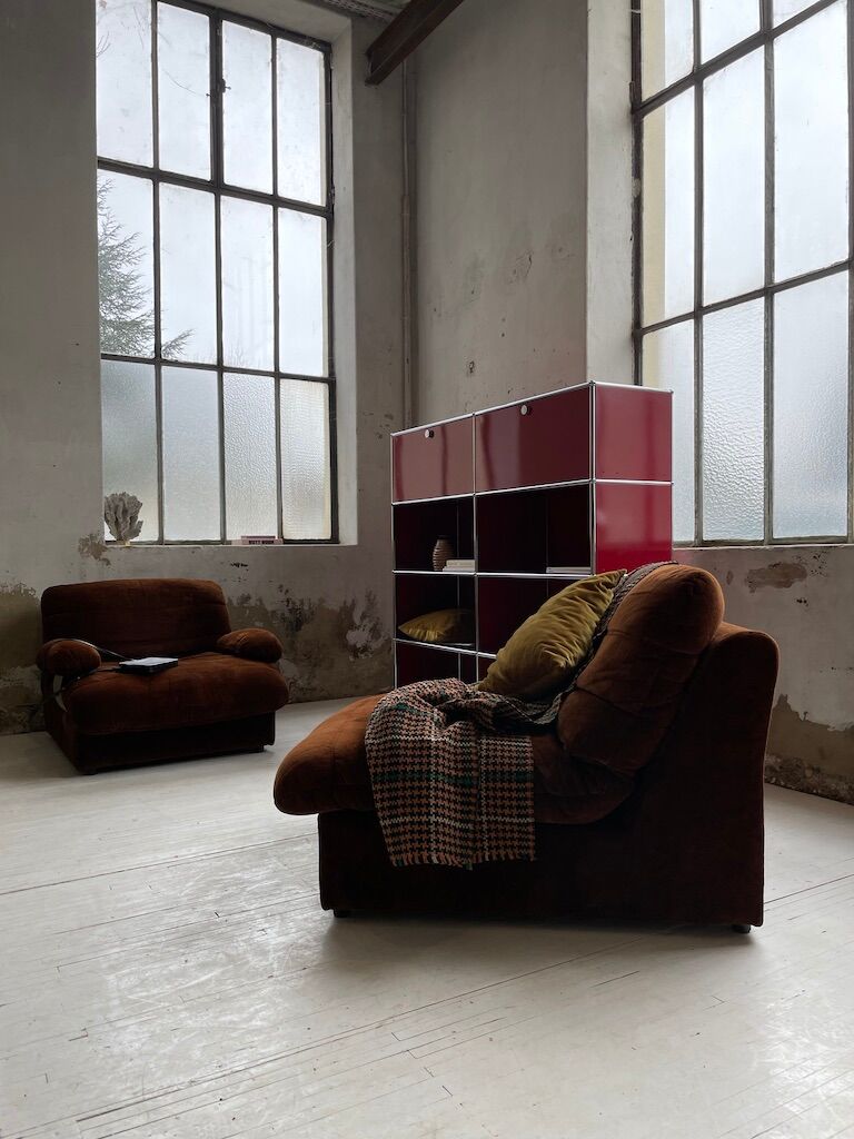Pair 70s brown velvet armchairs