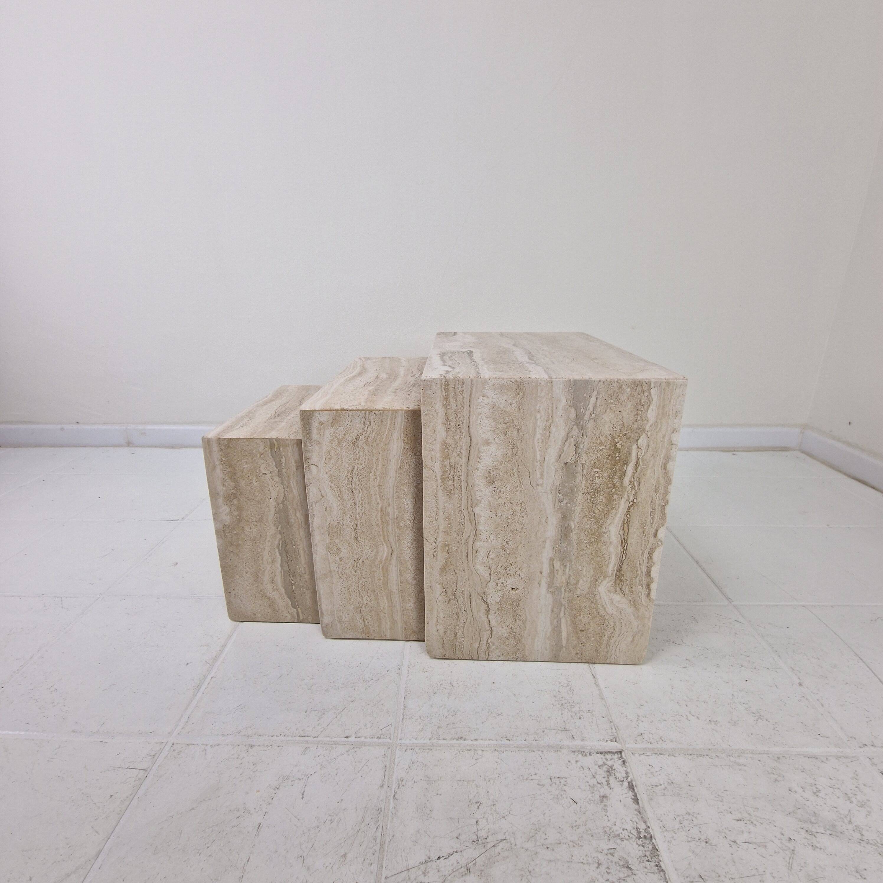 Italian 1980s Grooved Travertine Nesting Tables – Set of 3