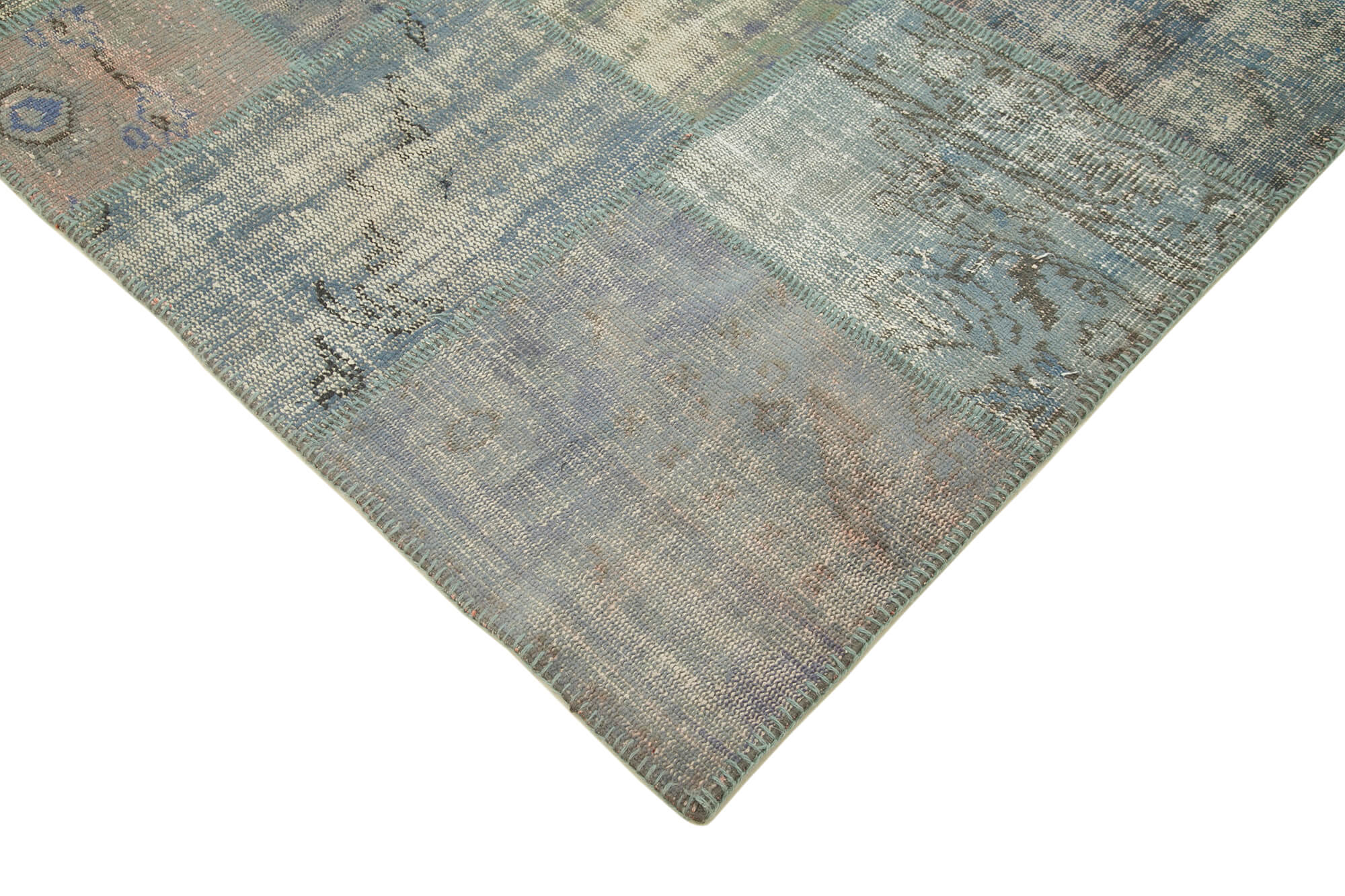 Handmade anatolian overdyed 177 cm x 246 cm blue patchwork carpet