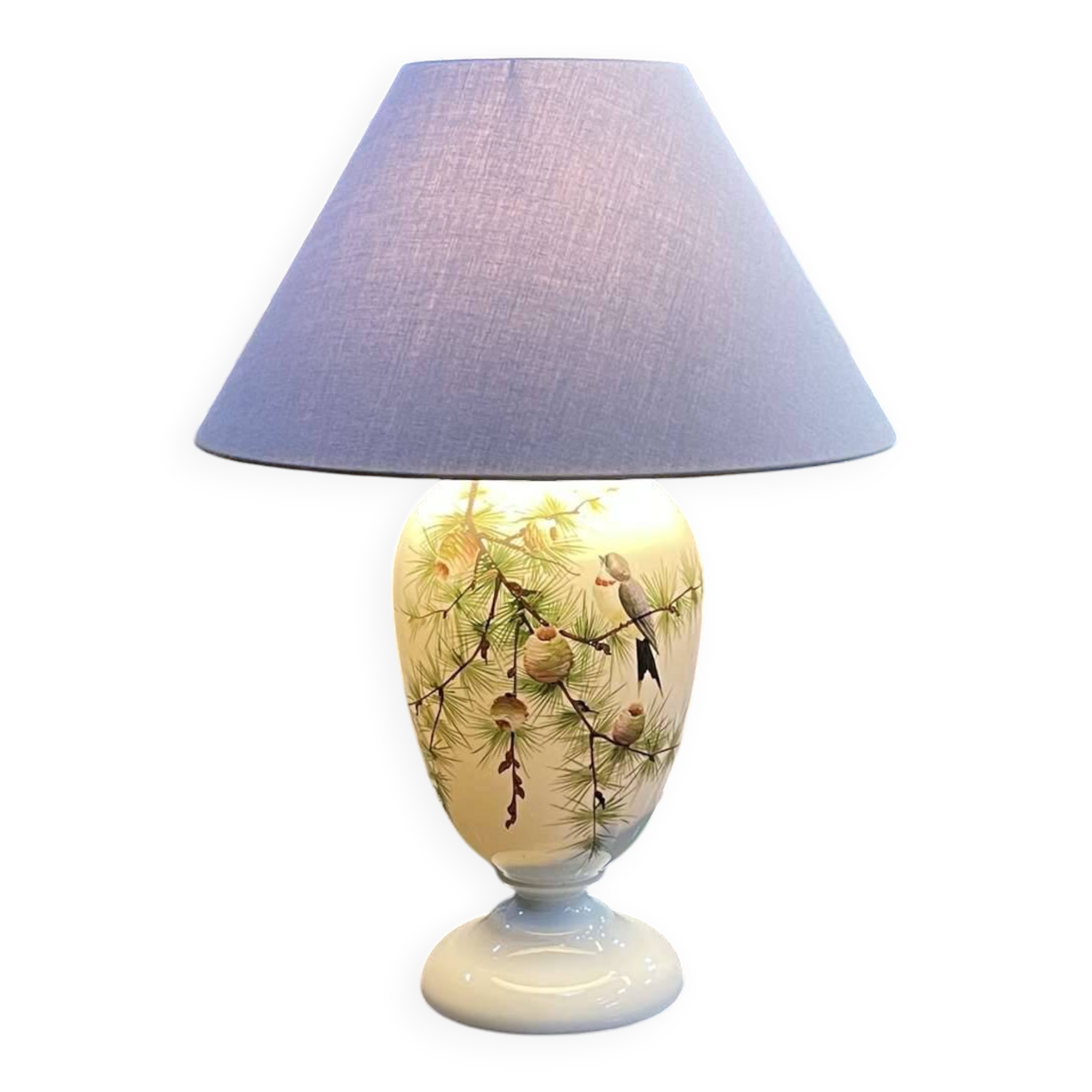 Napoleon III lamp in white opaline glass with bird decoration from the late 19th century