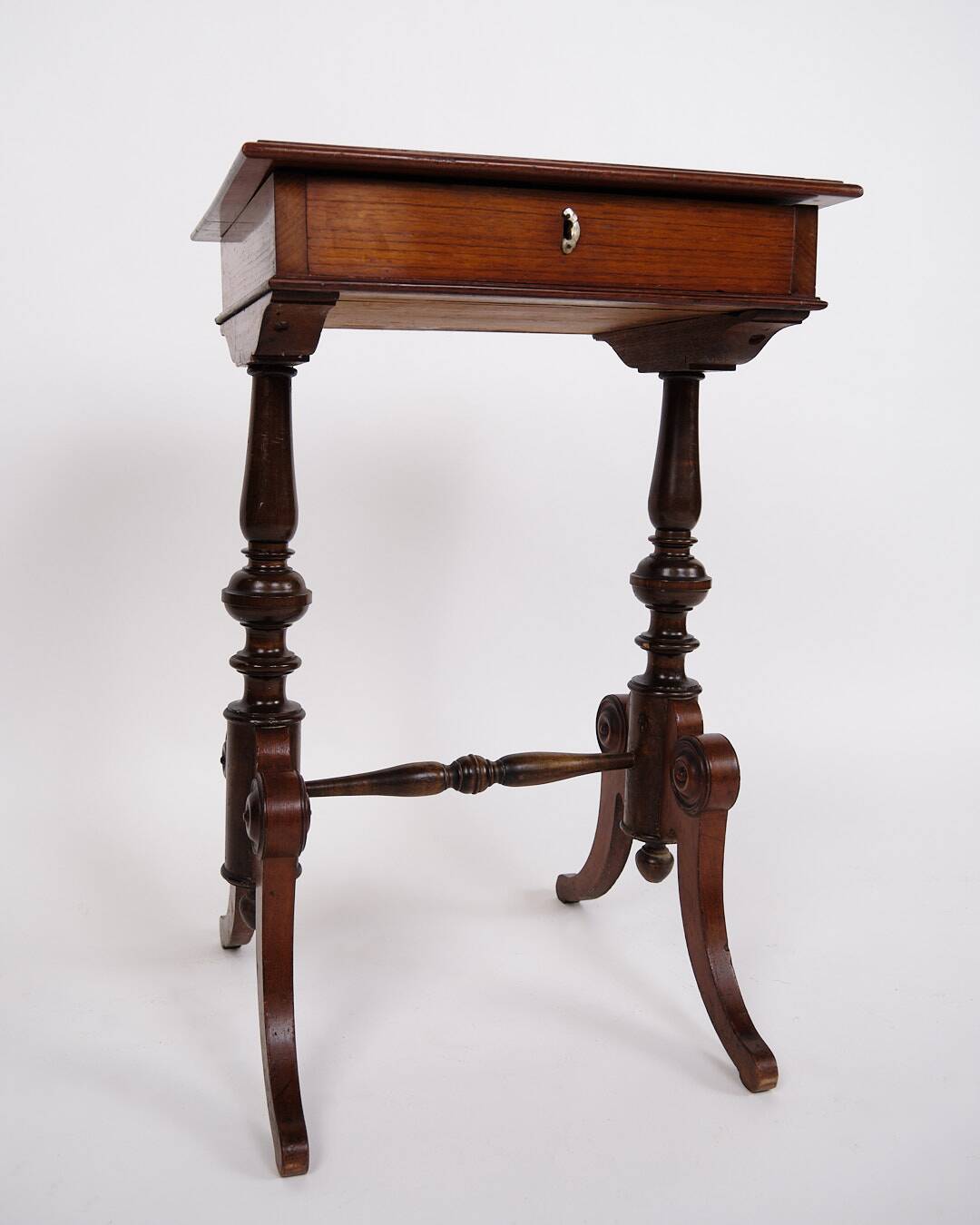 Antique side table with drawer - hand polished mahogany - turned legs - year 1880s