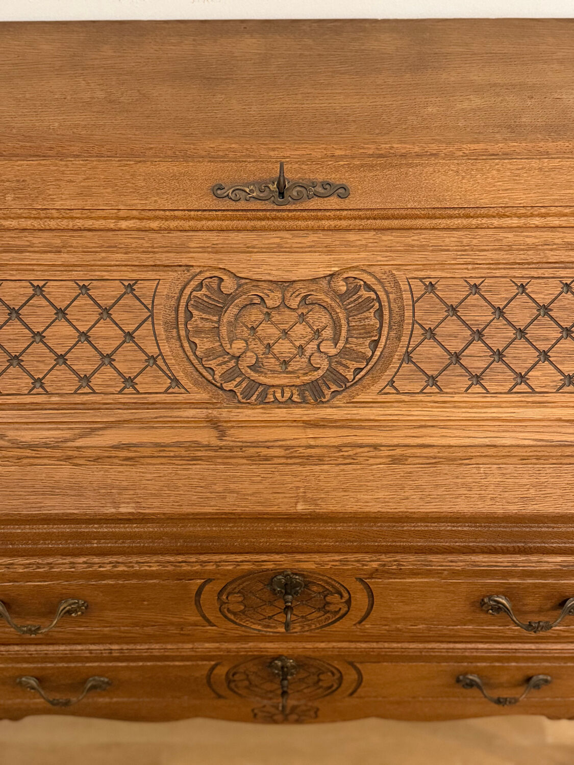 Carved oak secretary