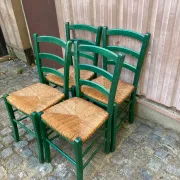 4 solid wood green straw chairs in Bistrot Campagne style from the 1980s.