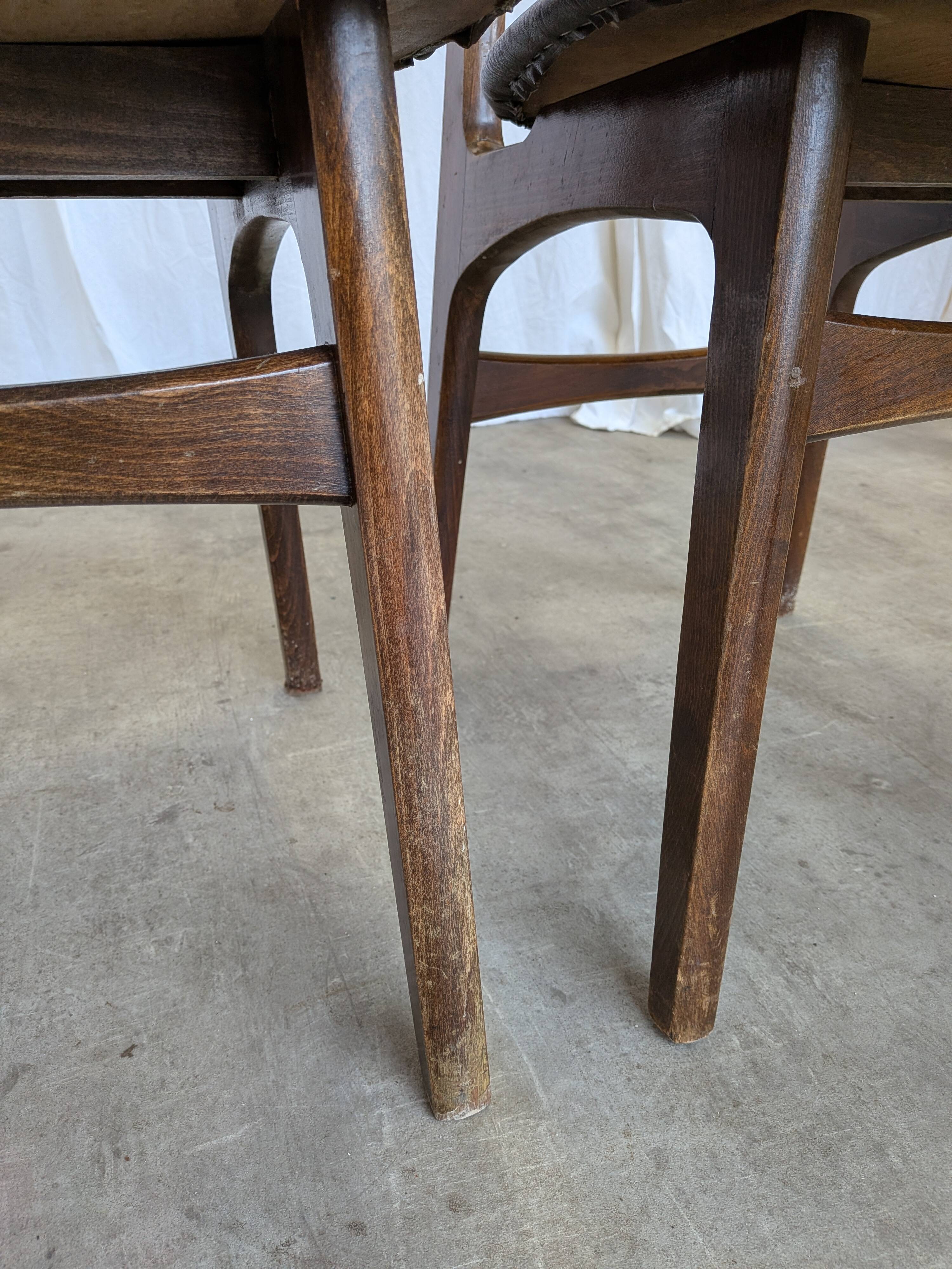 Set of 3 Vintage Wooden Dining Chairs with Brown Leather Seats / Mid-Centur