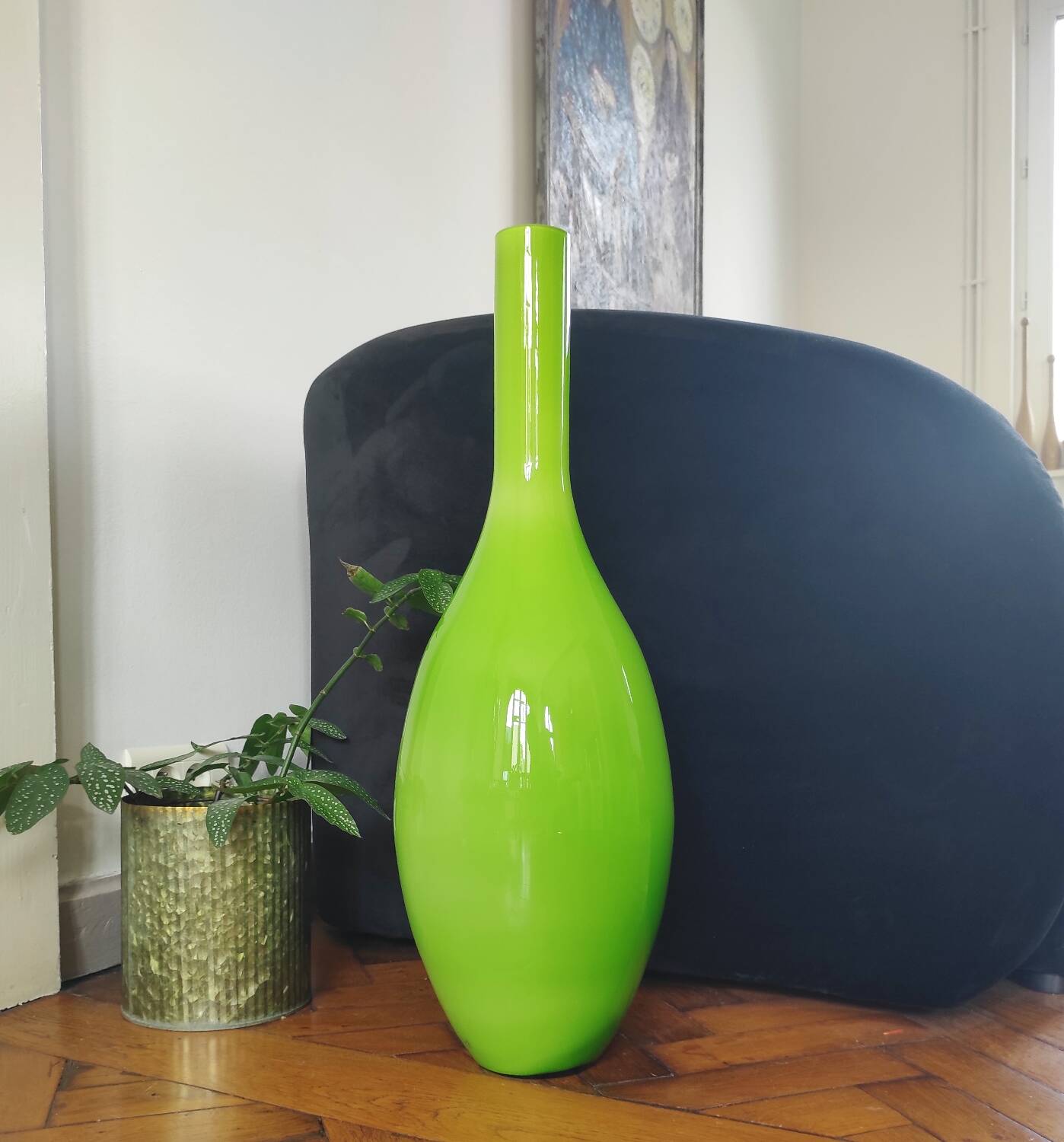 Grand vase bouteille géant en verre doublé vert pomme (66 cm)