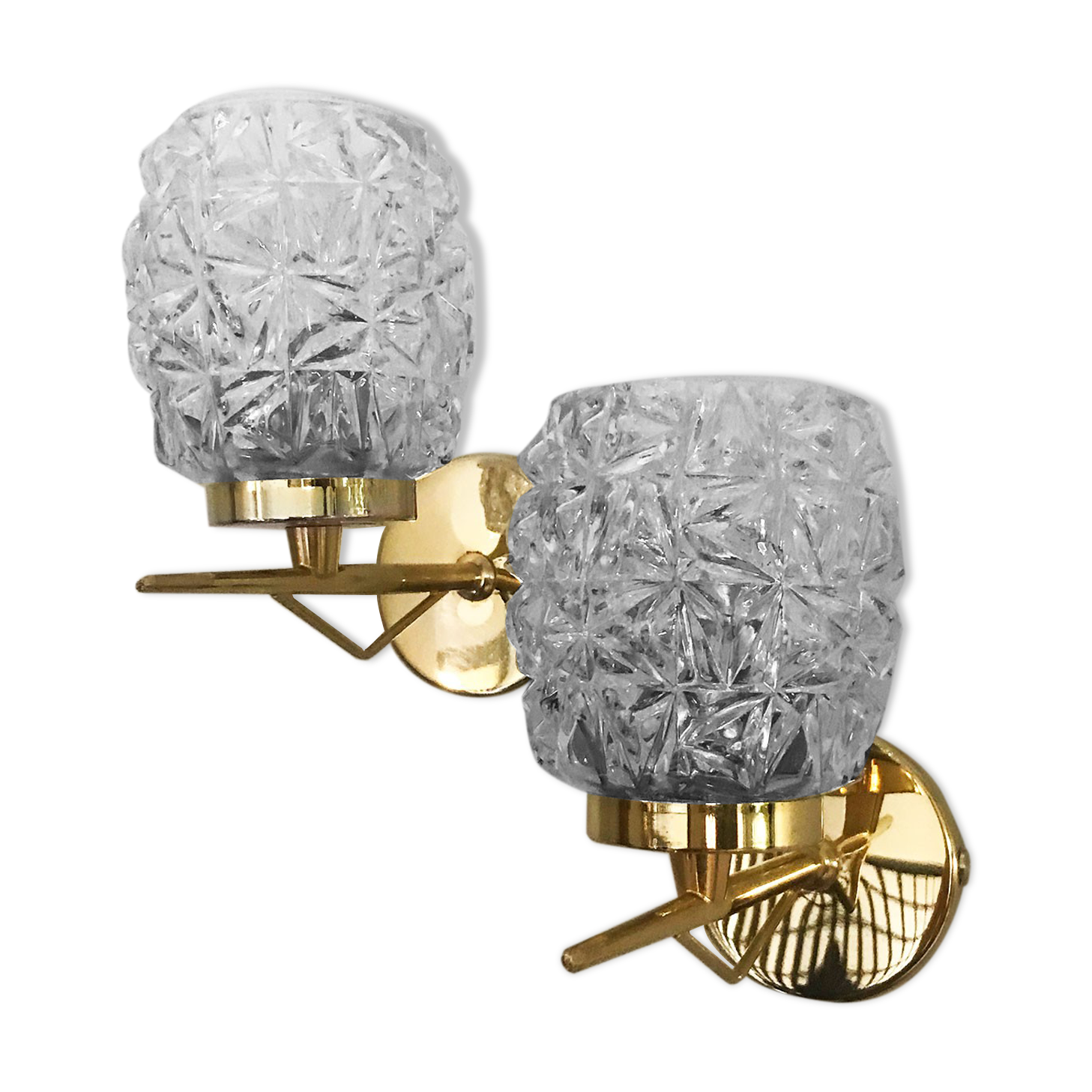 Pair of glass and brass wall lamps