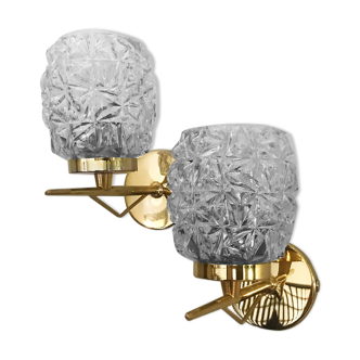 Pair of glass and brass wall lamps