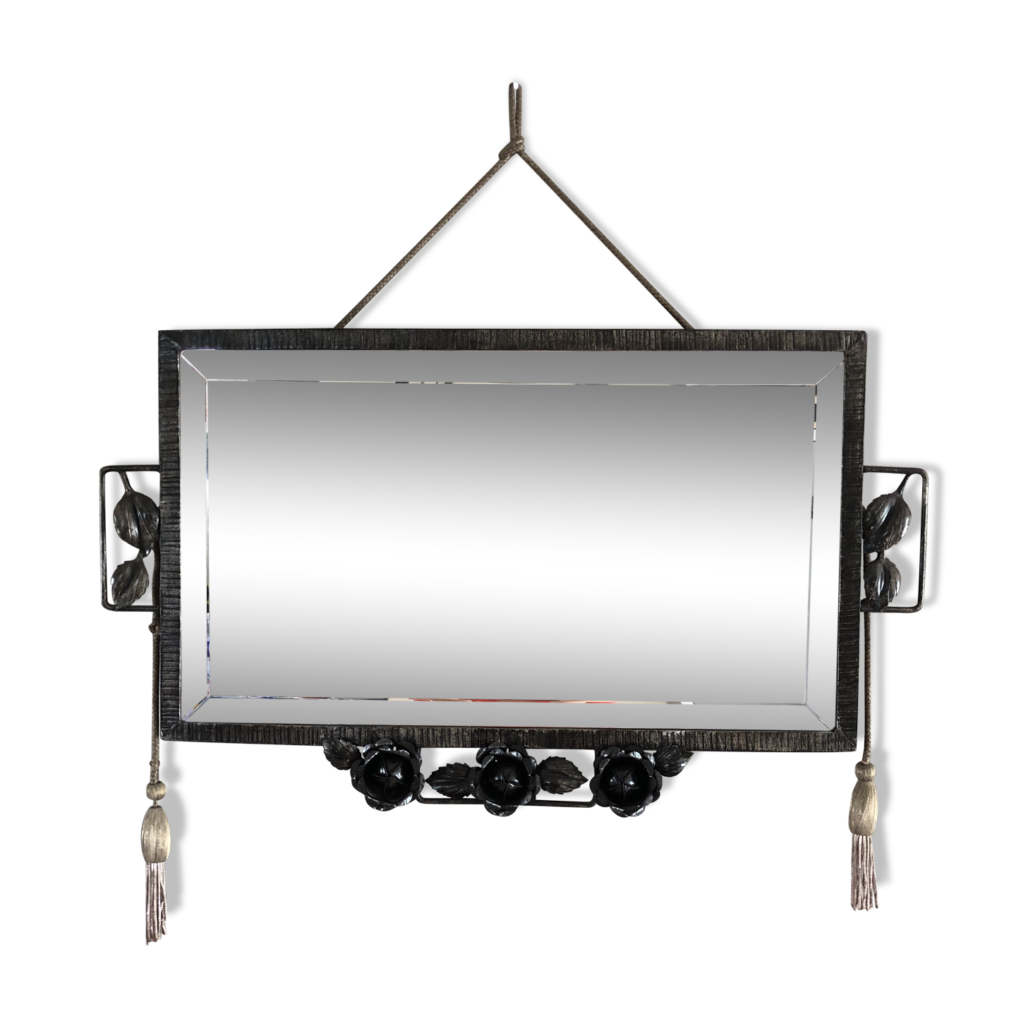 Miroir Art Déco En Verre Biseauté Et Fer Forgé Patiné