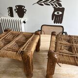 Stool in carved wood and rope from the 70s