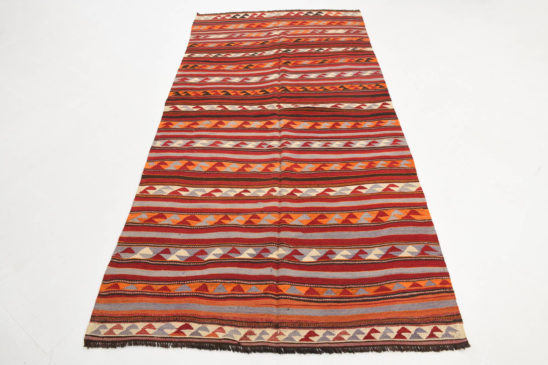 4x9 Red & Blue Turkish Kilim Rug, Living Room Rug, 133x272Cm Vintage Kilim