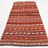 4x9 Red & Blue Turkish Kilim Rug, Living Room Rug, 133x272Cm Vintage Kilim