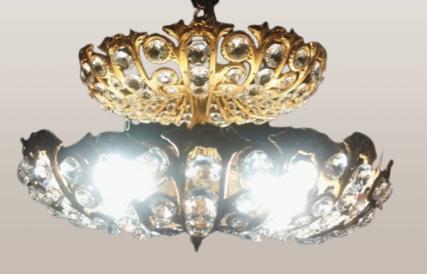 Hollywood Regency brass and crystal chandelier by Peris Andreu, 1970s.