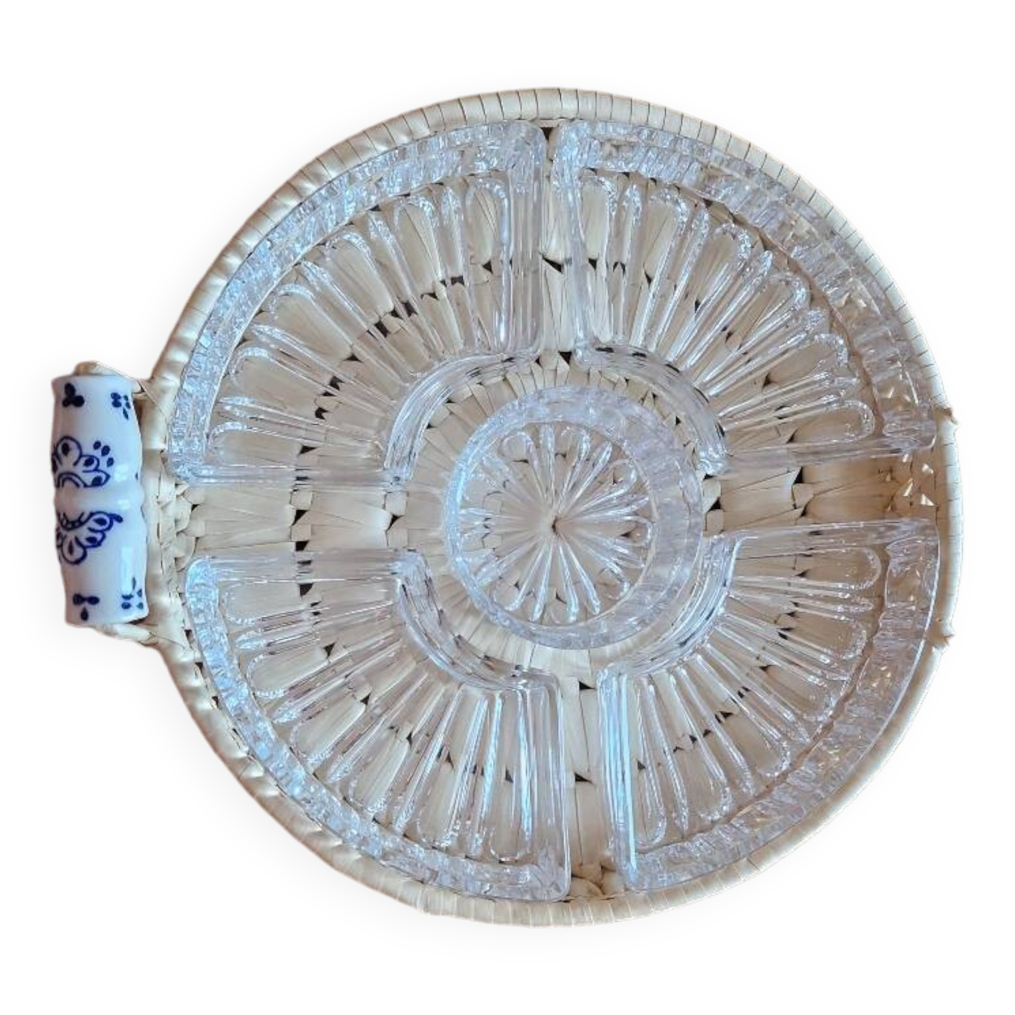 Old rattan raffia porcelain tray appetizer server ramekins vintage crystal dish